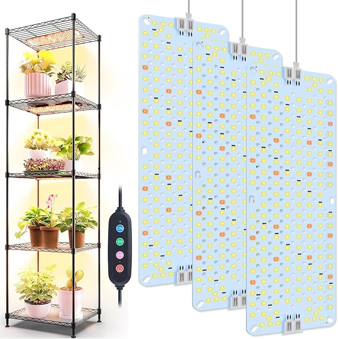 3Panel Grow Lights for Indoor Plants, Seed Starting, Veg, Pot Plants, Bonsai with Timer 4/8/12/16/20H, Ultra-Thin Under Cabinet & Shelf Full Spectrum LED Plant Growing Lamps, Multi-Panels Free Connect