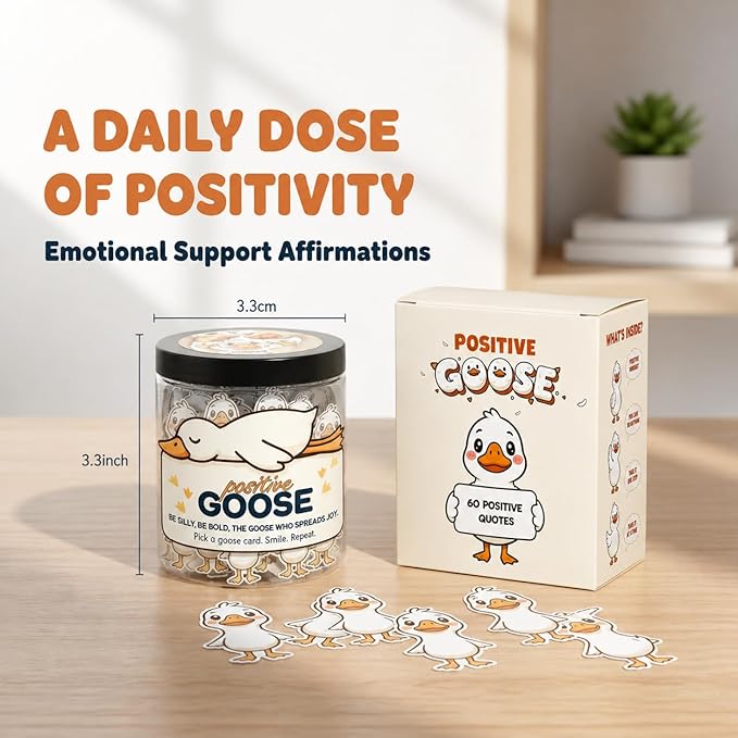 Positive Goose Jar with 60 Affirmation Cards, Emotional Support Goose Decor, Silly Desk Present for Goose Lovers, Mental Health Motivation Jar for Women and Teens, Funny Gag Gift Idea