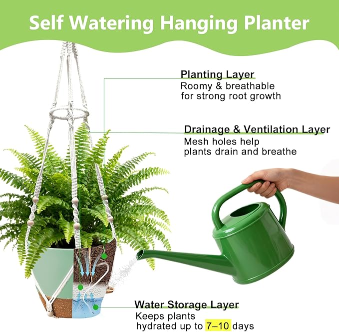 Hanging Planters for Indoor Plants: 2 Pack Macrame Plant Hangers with Grow Lights and Self-Watering Pots, Large Hanging Pots with Drainage Holes & Removable Tray（10in Green Pot, Daylight Spectrum）