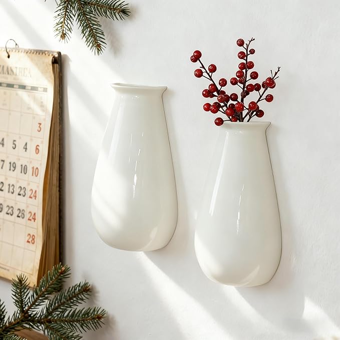 Hanging Ceramic Planters for Indoor Plants, Set of 2 Wall Mounted Planters, White Ceramic Pots for Indoors, Wall Hanging Planter for Living Room, Bedroom, Garden, Home Décor, Plant Hanger for Balcony