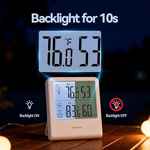Indoor Outdoor Thermometer Hygrometer, Wireless Digital Temperature & Humidity Monitor with Outdoor Sensor, 328ft Range, Backlight LCD Display for Home, Room, Patio, Battery Included