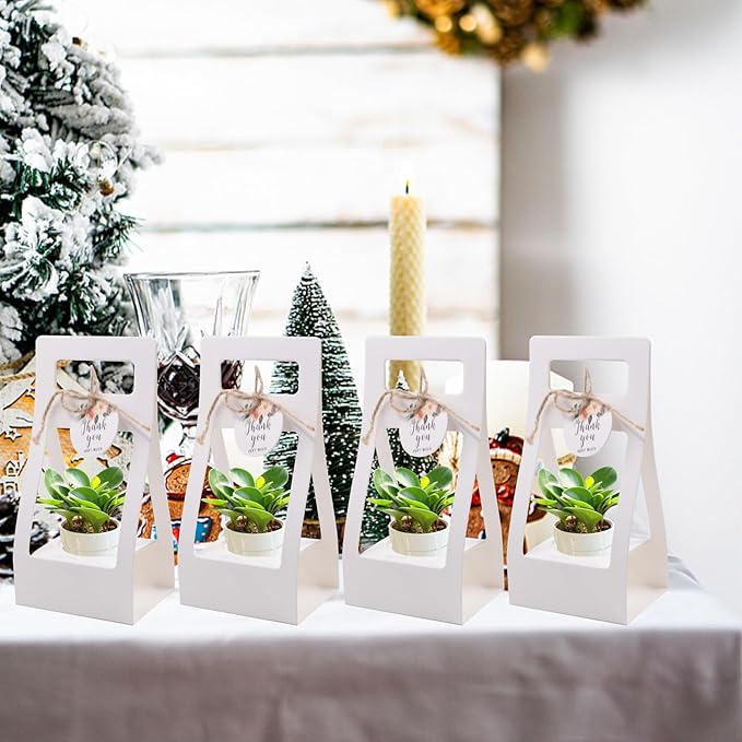 25 PCS White Succulent Wrap Bags for Wedding, Kraft Paper Gift Bags with Thank You Cards and Handle for 2.17'' Pots, Paintable Succulent Plants Holder for Party Favors (Pots and Plant Not Included)