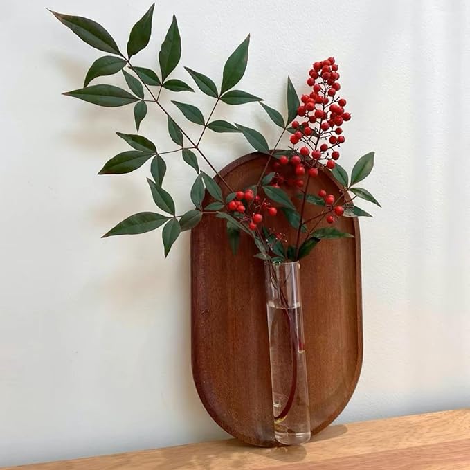 Modern Glass Test Tube Vase with Wooden Base – Wall-Mounted Floral Decor for Home and Office, Minimalist Plant Display (No Plants)