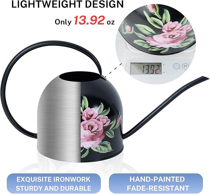 MOYEE Small Black Metal Long Spout Watering Can Outdoor Indoor Spray Bottle for Plants Hand Drawn Patterns,1/2 Gallon Plant Mister Durable Metal Structure Lawn Garden Watering Equipment