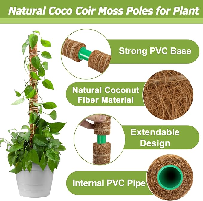 Sukh Moss Totem Pole - Moss Pole for Plants Monstera 2 Pcs 15.7 Inch Coco Coir Pole for Climbing Indoor Potted Plants Training Grow Upwards with Jute String Moss Stick for Plant Support Extension