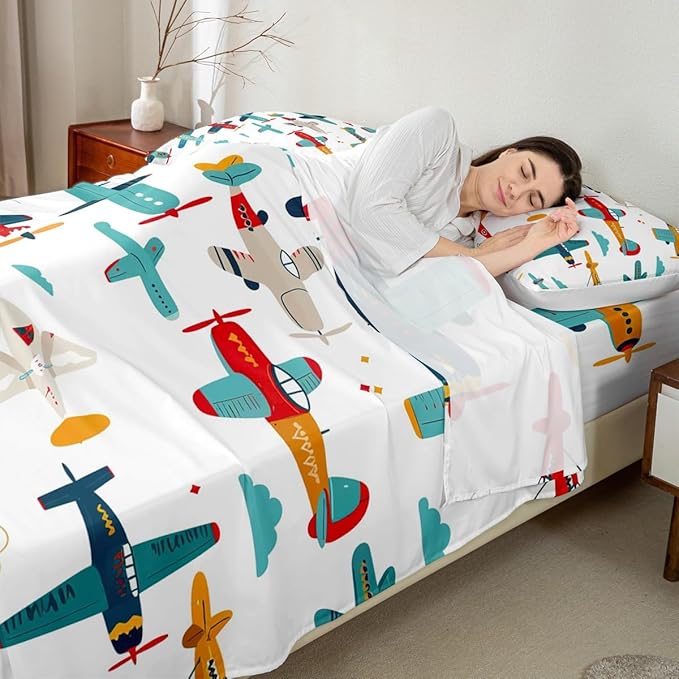 Feelyou Twin Sheets Aircraft Sheet Set for Boys, Kids Cartoon Helicopter Airplane Bedding Set, Children Toddler Soft and Cozy Cute Flying Plane Bed Sheets Kawaii Room Decor Colorful Bed Set 4 Pcs