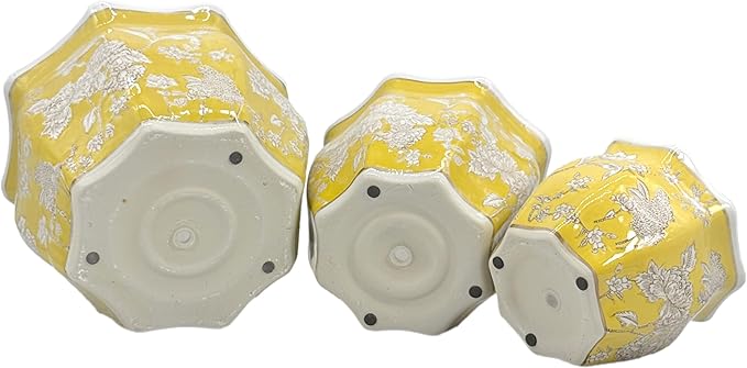 Galt International Yellow & White Round Fluted Floral Porcelain Ceramic Plant Flower Planter Pot Set of 3 (7.5", 10", 13") Garden Pots Chinese Asian Design