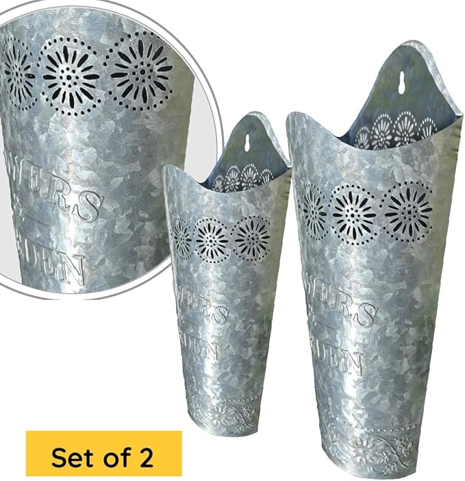 Lily's Home Set of 2 Rustic Farmhouse Galvanized Metal Wall Planters, with Floral Accents for Indoor or Outdoor Artificial Greenery. Rustic Hanging Flower Holders Wall Decor