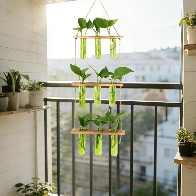 XXXFLOWER Wall Hanging Propagation Station with Wooden Stand 9 Test Tubes Vases Tiers Planters Wall Terrarium for Home Office Plant Hanger Flower Vases Wall Decor Hydroponic Cuttings(Green)