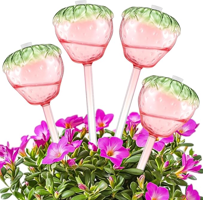 Vesici 4 Pcs Strawberry Watering Globes for Plant Self Top-Fill Watering Planter Insert Large Glass Bulb Waterer for Travel Vacation Indoor Outdoor Plants