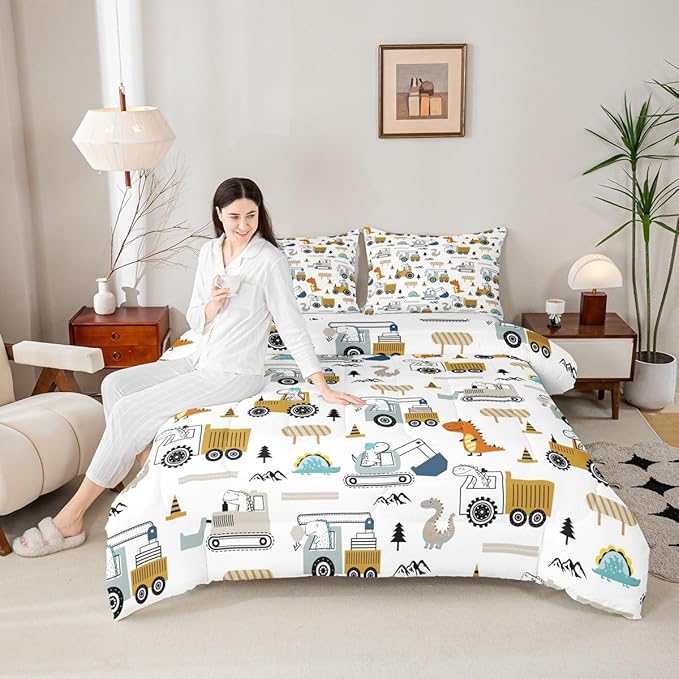 Feelyou Construction Bedding Set King Size Equipment Trucks Comforter Set for Kids Boys Girls Decor Dinosaur Comforter 3D Digital Print Yellow Duvet Set Bedroom Quilt Set