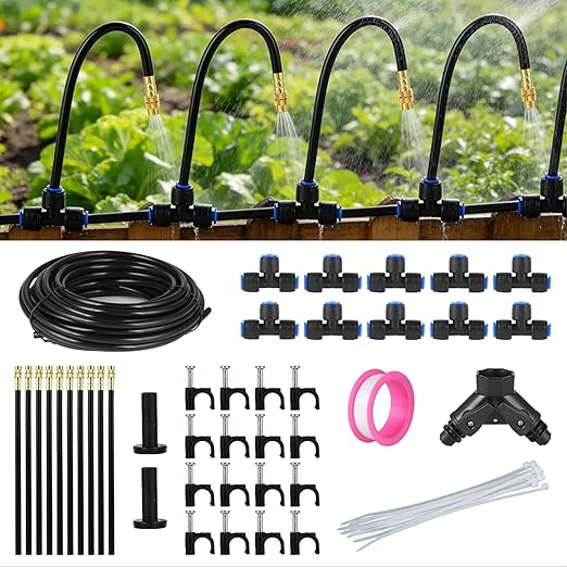 Drip Irrigation System for Watering Garden: 31FT Automatic Atomizing Kits with Parts Include Fittings 1/2" 1/4" Tubing Hose Quick Connect 10 PCS Adjustable Sprinklers for Outdoor Lawn Yard Greenhouse