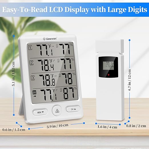 Geevon Indoor Outdoor Thermometer Wireless with 3 Remote Sensors, Digital Hygrometer Indoor Thermometer, Temperature Humidity Monitor Gauge with 200FT/60M Range