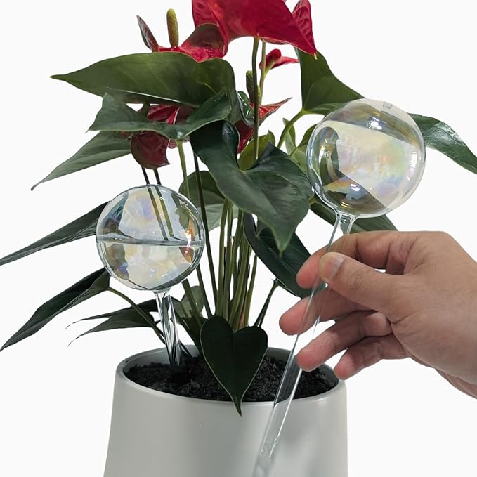 2 Pcs Iridescent Rainbow Glass Plant Watering Globes, Self-Watering System for Indoor & Outdoor Plants, Automatic Plant Waterer Bulbs with Planter Insert, Vacation Plant Care Device