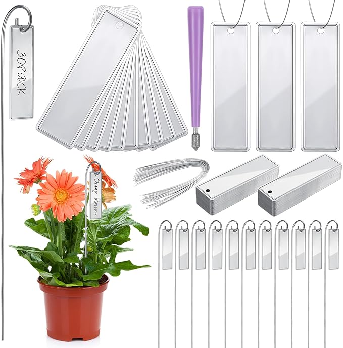 Yaocom 50 Pcs Aluminum Plant Tags Metal Plant Labels with 50 Metal Wires 30 Rod 1 Lettering Pens Tree Markers Double Sided Waterproof Tree Tags for Outdoor Indoor Gardening Labeling