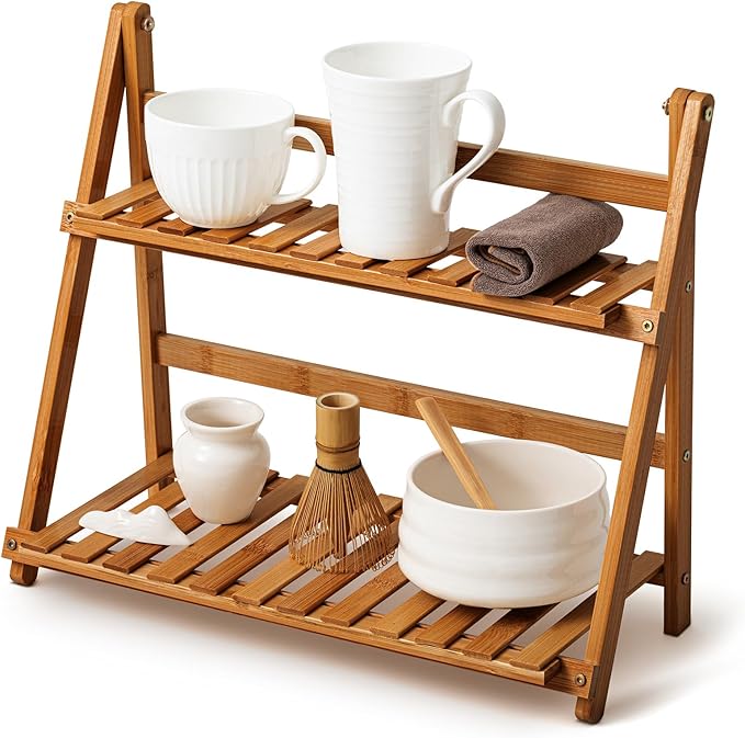 Yalikop Matcha Station Shelf,15.7'' Coffee Station Organizer, 2 Tiers Bamboo Mug Holder Countertop,Desktop Flower Pot Rack for Home Living Room Window Sill Foldable Display Storage Shelf (Brown)