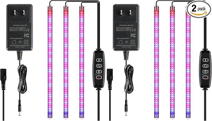 iPower 40W LED Grow Lights with Full Spectrum Plant Growing Light Strips for Indoor Plant with Auto ON/Off 3/9/12H Timer, 10 Dimmable Levels 48 LEDs Per Tude, 3 Tubes, Red&Blue (Pack of 2)