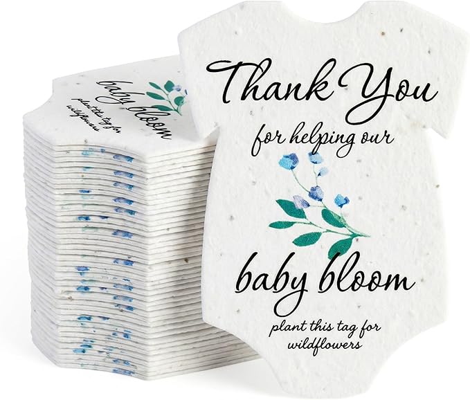 15pcs Blue Onesie-Shaped Gift Tags with Wildflower Seeds - Writable Gift Wrap Tags for Baby Showers, Mother's Day Present, Party Favors, DIY Crafts, & Earth Day Decorations