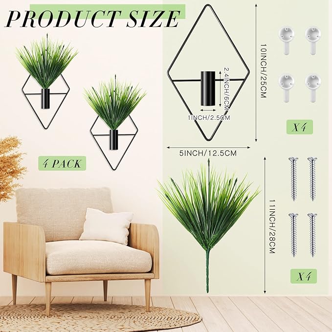 Jexine 4 Pcs Plant Wall Decor Diamond Shape Hanging Planters with Artificial Plants Geometric Wall Decor Metal Hanging Vase Indoor Holder for Living Room Bathroom Home(Aquatic Grass)