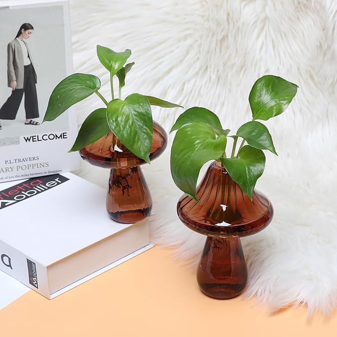 Mushroom Glass Vase Propagation Stations Flower Vases Home Decor Mushroom Planter Cute Vases Garden Decoration Set of 2