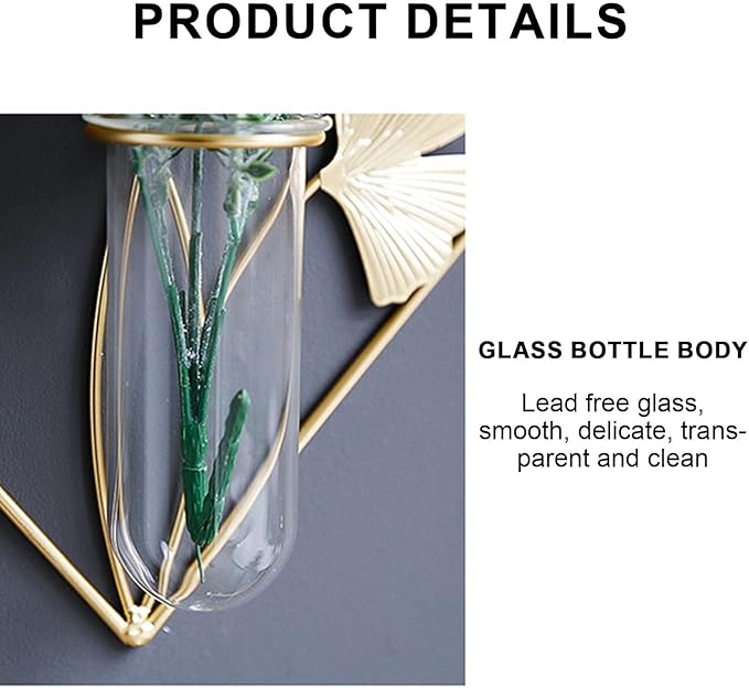 Gold Wall Decor Flower Tubes Geometric Metal Vase Hydroponic Planter with Leaf Decoration, Hexagon Shape