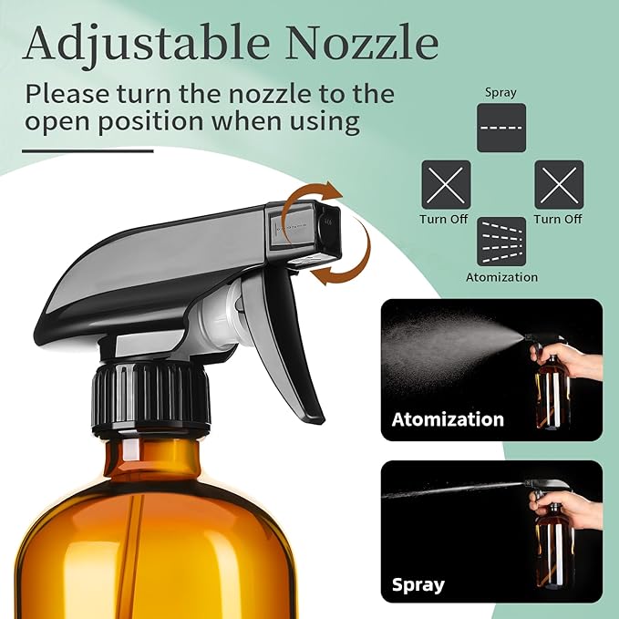 GIVAMEIHF 16oz Amber Glass Spray Bottles,4 Pack Glass Spray Bottles Refillable Empty Bottle with Adjustable Nozzle,Spray Bottle for Cleaning,Essential Oils,Cleaning,Pets,Plant, Hair Mister