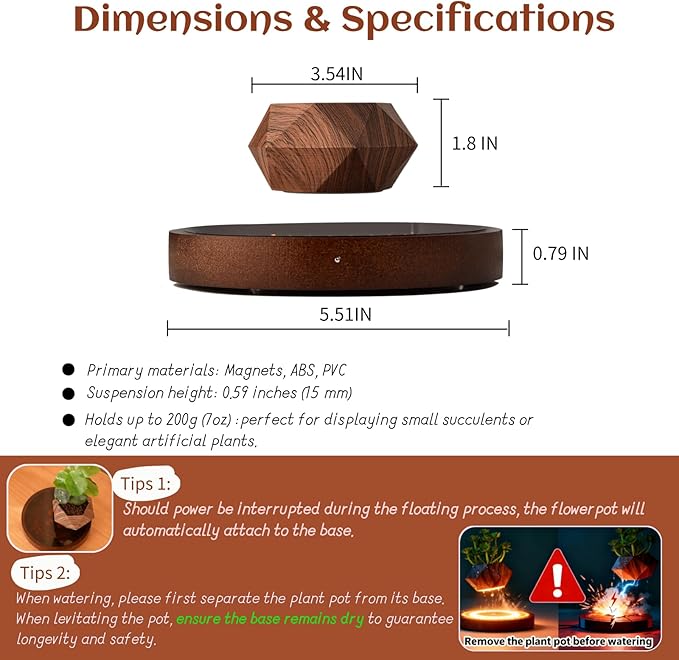MOOCCI Levitating Plant Pot with Light, Magnetic Floating Flower Pot with Rotating and Auto-Spinning, Brown Wood Grain Planter for Succulents, Cool Desk Decor for Home Office, Unique Gift Idea