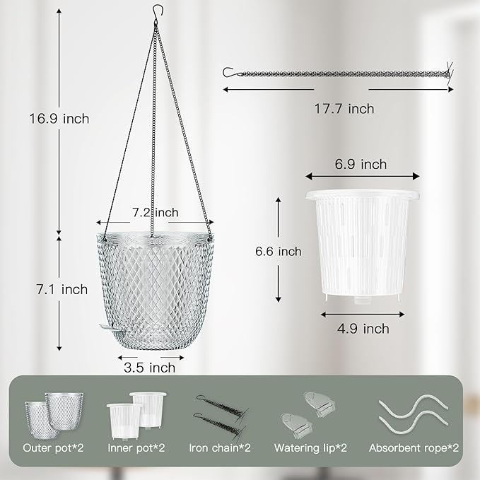 QCQHDU Hanging Planters for Indoor Plants, 2-Pack 7.2 Inch Self Watering Hanging Pots, Plastic Plant Hanger with Drainage Holes and 3 Hooks Chains for Garden Home (Clear)