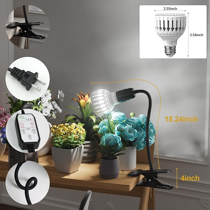 GooingTop Grow Light,12W (80Watts Equiv) 5000K White Full Spectrum LED Growing Lamp Clip on Desk for Indoor Plants,Bulbs Replaceable & Non-dimmable