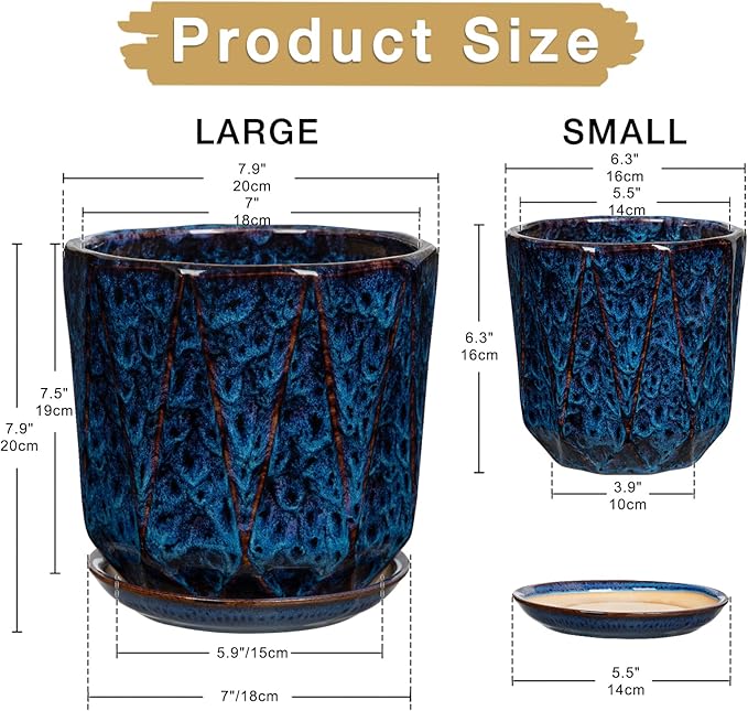 Oairse Ceramic Pots for Plants, 8+6 inch Plant Pots with Drainages Holes & Saucers Large Blue Ceramic Planters Decorative Flower Pot for Indoor Plants Outdoor Inoor