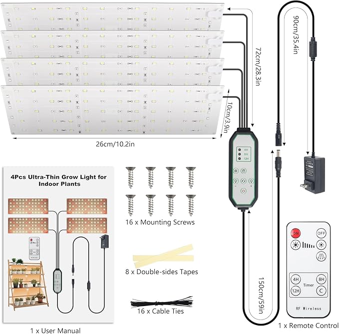 Grow Light, 40W Ultra-Thin LED Grow Lights for Indoor Plants Full Spectrum, 4/8/12H Timer Plant Light Panel, 304 LEDs Under Cabinet Plant Growing Lamp Strip Panel for Seedlings, Veg, Flowers (4pcs)