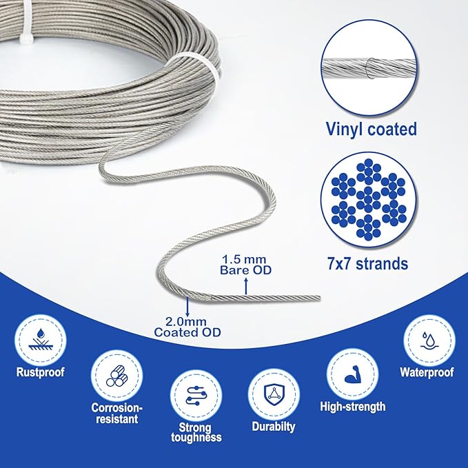 TooTaci Turnbuckle Wire Tensioner Kit, 100ft 1/16 Vinyl Coated Stainless Steel Wire Rope Cable with M5 Turnbuckles for Curtain, Garden Trellis, Picture, String Lights Hanging, Climbing Plants Outdoor