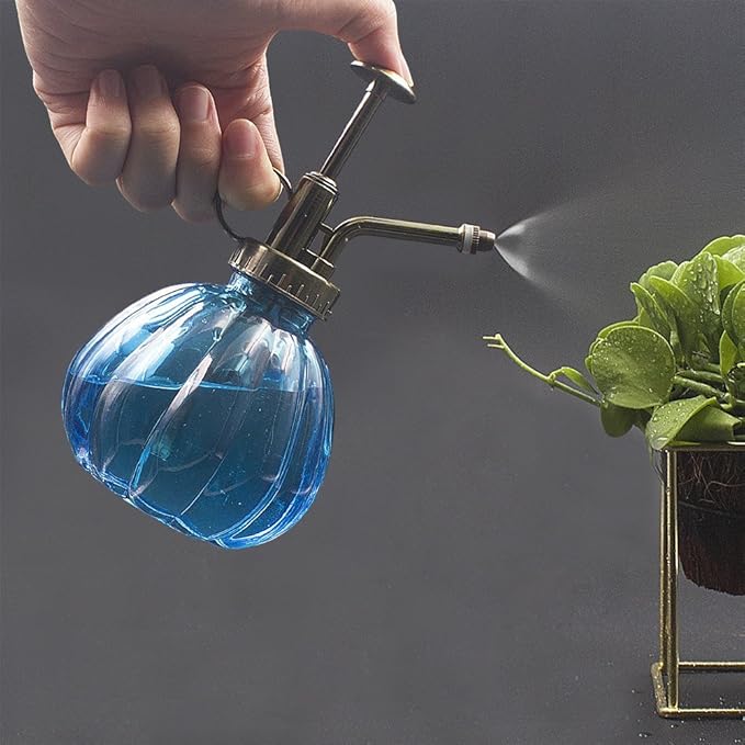 THY COLLECTIBLES Flower Water Spray Bottle Can Pot Plant Mister | Vintage Pumpkin Style Decorative Glass Plant Atomizer Watering Can Pot with Pump for Terrariums Flowers Potted Plants (Blue)