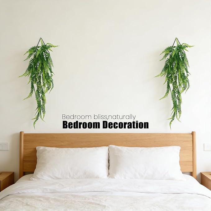 GREENTIME 2 Pack Artificial Boston Fern 28" Fake Hanging Plants with 9.8" Diamond Metal Planter UV Resistant No Maintenance Boho Wall Decor for Indoor Outdoor Bedroom Living Room Shelf