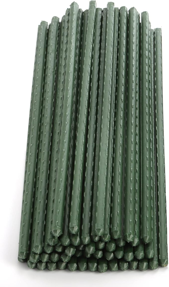 Frcctre 50 Pack 16 Inches Garden Stakes with 25 Connectors, Connectable Plant Support Stakes Plastic Coated Metal Tomato Sticks Plant Climbing Support for Tomatoes, Cucumber, Beans, Potted Plants
