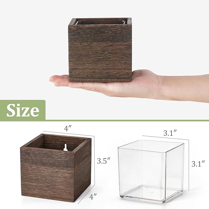 Dahey Small 4 Inch Wood Wall Hanging Planter Boxes for Indoor Plants 3 Pcs Square Rustic Farmhouse Wall Mounted Flower Pot Vases with Plastic Liner for Garden Home Centerpiece Decor(No Plant Included)