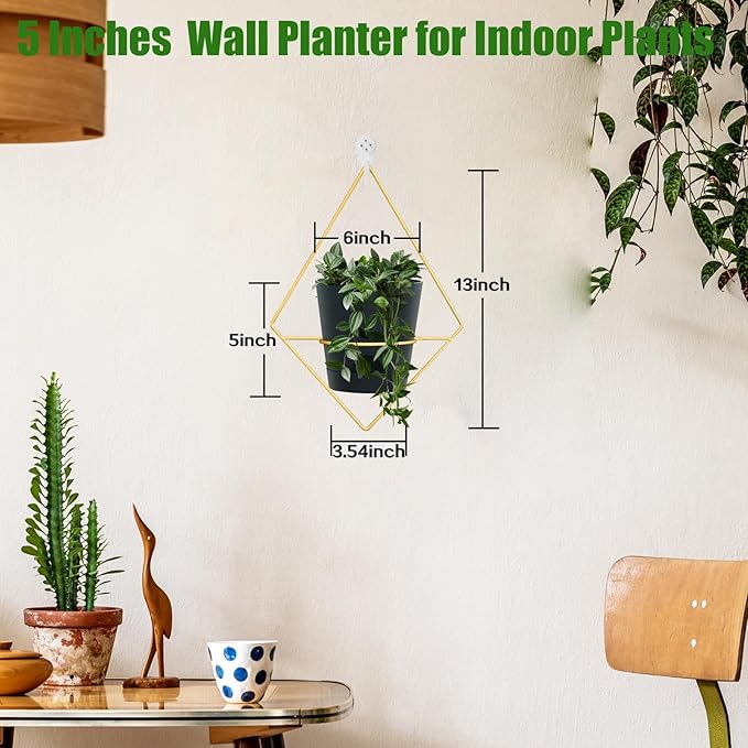 Koalaime 3 Sets Wall Planters for Indoor Plants Geometric Hanging Planters for Indoor Plants - Self-Watering Flower Pots with Black Metal Holder, Mounted Succulent Planter, 5" Black Plant Pot