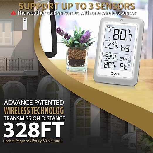 Wireless Weather Stations, with 330ft Range Sensor and Adjustable Backlight Inside Outside Monitor (White)