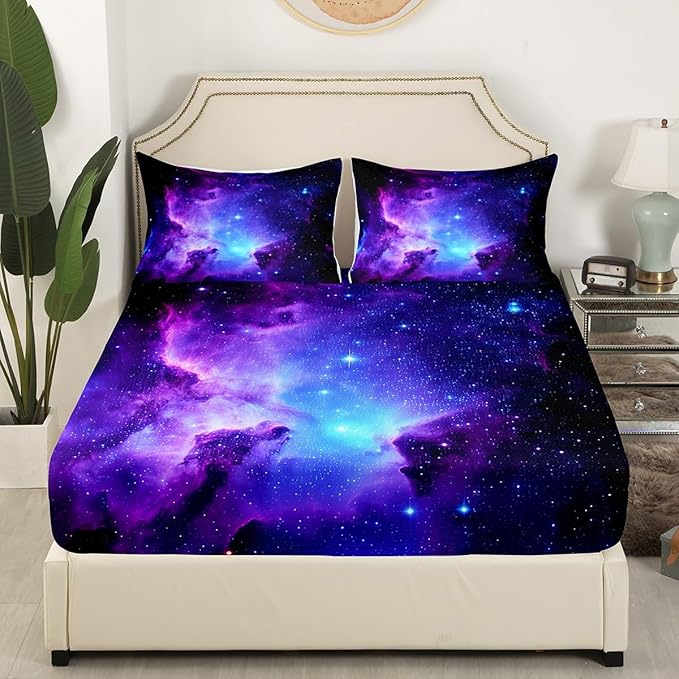 Feelyou Galaxy Bedding Set Kids Girls King Bed Sheets Outer Space Universe Starry Sky Sheet Set Teens Women Ultra Soft Purple Stars Decor Deep Pocket Fitted Sheet+ Flat Sheet + Pillow Case