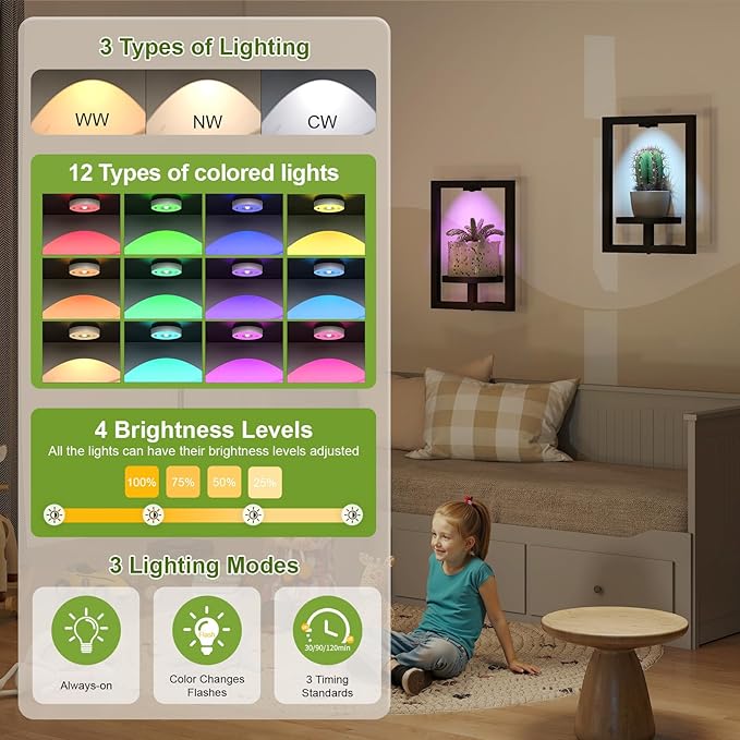 BAOYOUNI 2 Pack Picture Frame Wall Plant Holder with 15 Color Lights, Metal Window Plant Shelf, Modern Floating Plant Stand for Indoor Outdoor Patio Balcony Garden Living Room Bedroom