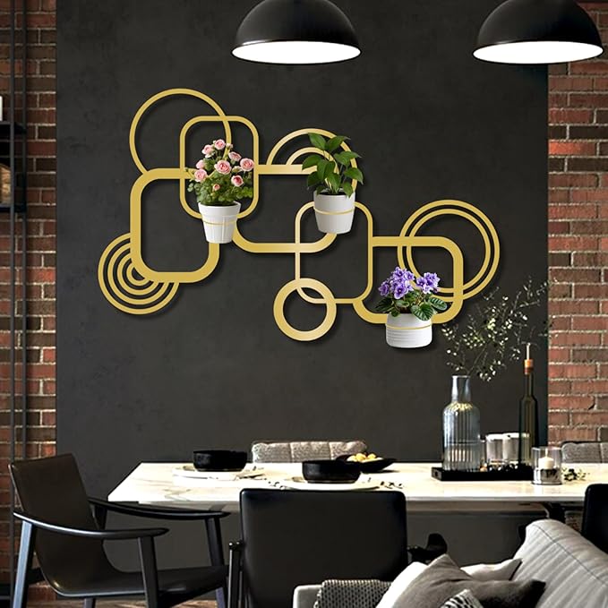 OZF Geometric Metal Wall Mounted Plant Holder, Metal Wall Plant Holder for Indoor, Geometric Line Hanging Planters for Living Room,Office (Black, 53"x 33"| 135x84cm, 4 Pack 8" Flower Pot Holder Ring)