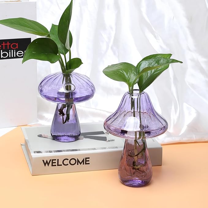 Mushroom Glass Vase Propagation Stations Flower Vases Home Decor Mushroom Planter Cute Vases Garden Decoration Set of 2