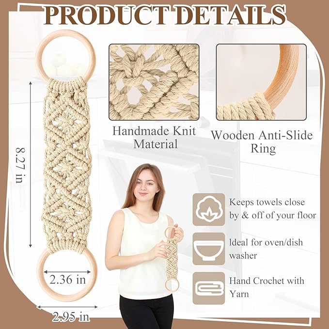 Tioncy 4 Pcs Kitchen Dish Towel Holder Boho Handmade Crochet Hanging Towels Loop Ring Knit Towel Hanger for Cabinet House Oven Stove Door, 4 Colors(Brown)