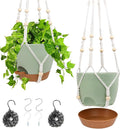 Vanslogreen Hanging Planters for Indoor Outdoor Plants, 2 Pack Self Watering Hanging Pots, Hanging Plant Baskets with Drainage Holes & 2 Types of Plant Hangers (Green, 6'')