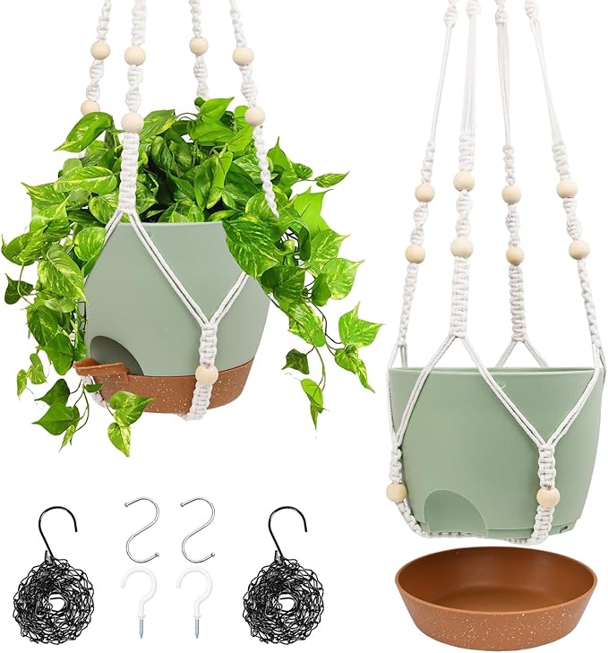 Vanslogreen Hanging Planters for Indoor Outdoor Plants, 2 Pack Self Watering Hanging Pots, Hanging Plant Baskets with Drainage Holes & 2 Types of Plant Hangers (Green, 6'')