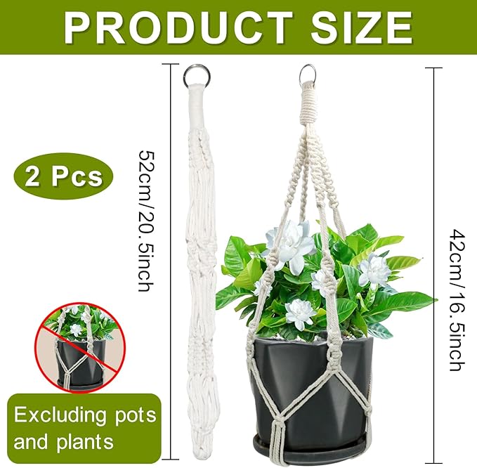 2 Pack Macrame Plant Hangers, 20‘’ Plant Hangers Indoor, Handmade Woven Cotton Style Hanging Plant Holder, Short No Tassels for Indoor Outdoor and Home Decor Hanging Planter