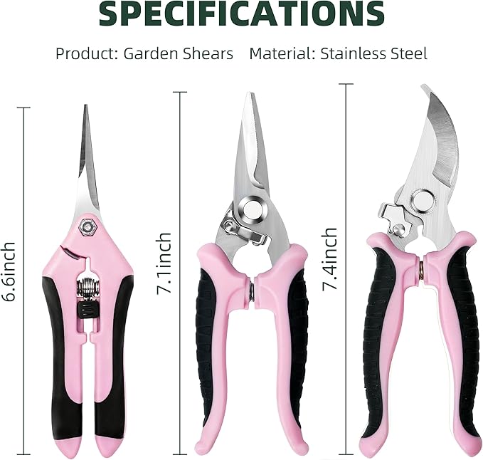 EWPJDK 3 Pack Garden Pruning Shears, Stainless Steel Shears, Gardening Shears, Scissors, Garden Clippers, Pruning Snips, Pruning Shears for Gardening Tools (Pink)
