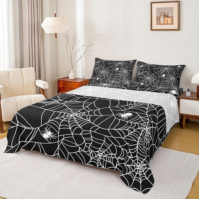 Feelyou Boys Spider Web Sheet Set for Kids Children Halloween Themed Bed Sheet Set Twin Girls Decorative Scary Spider Pattern Sheets Soft Bed Set Black White,Flat Sheet+ Fitted Sheet + 1 Pillow Case