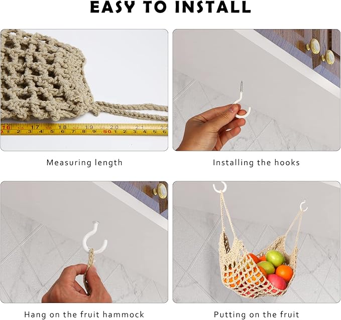 Fruit Hammock for Kitchen Under Cabinet,Large Macrame Fruit Hammock for Kitchen Décor,Storage That Saves Counter For More Counter Space at Home, Boat, or Rv,with 4 Hooks.(nature)