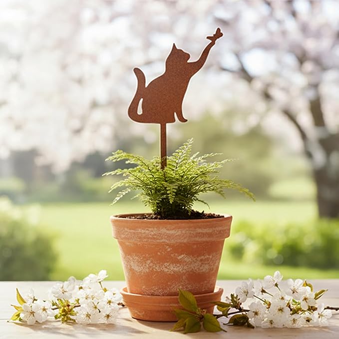 Butterfly-Catching Cat Metal Garden Stake – Powder-Coated Rust-Resistant Plant Pick for Pots & Planters, Playful Indoor/Outdoor Garden Decor